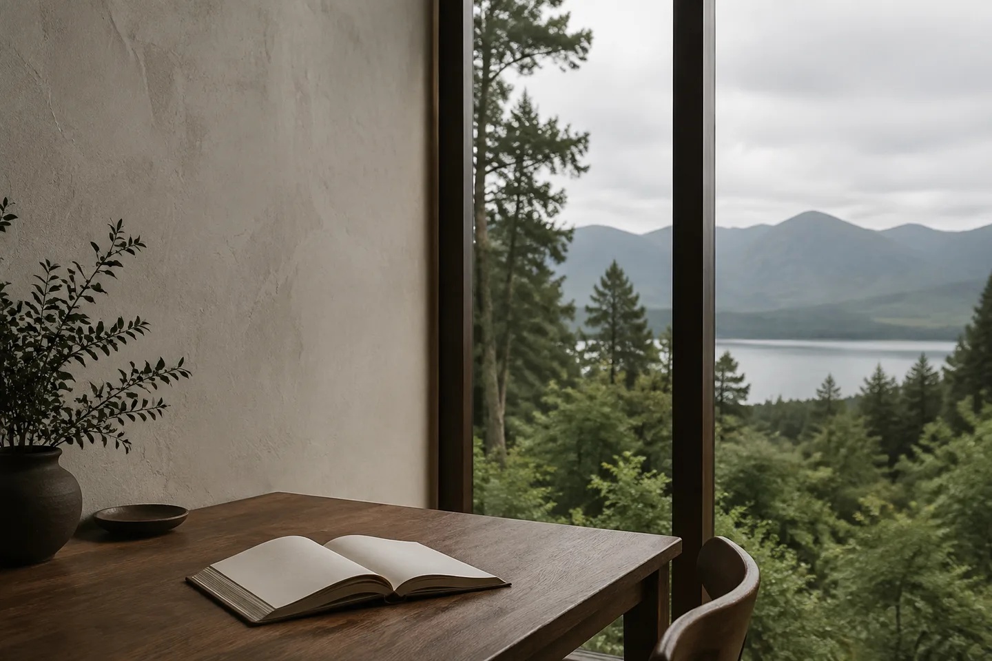 An open book on a desk beside a window overlooking a quiet green landscape.